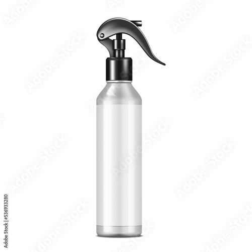 Silver gray spray bottle with white blank label realistic mock-up. Cosmetic product white spraying container vector mockup. Trigger pump sprayer with black cap template