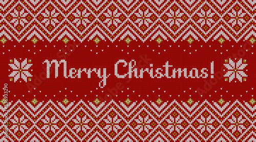 Merry Christmas banner with knitted background. Red, green and white sweater pattern with traditional scandinavian ornament and greeting text. Vector horizontal card.
