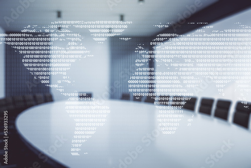 Abstract creative world map interface on a modern conference room background, international trading concept. Multiexposure © Pixels Hunter