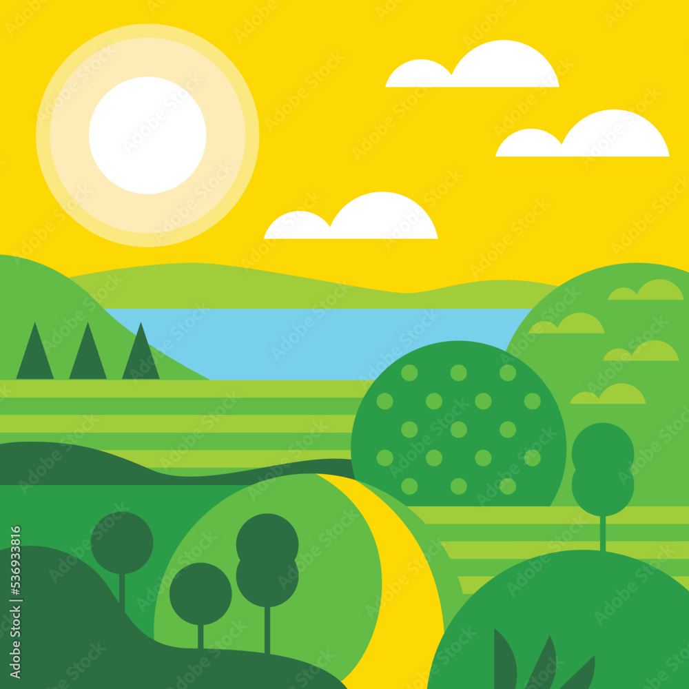 Landscape vector illustration. Hilly country. Sun. Nature green field background