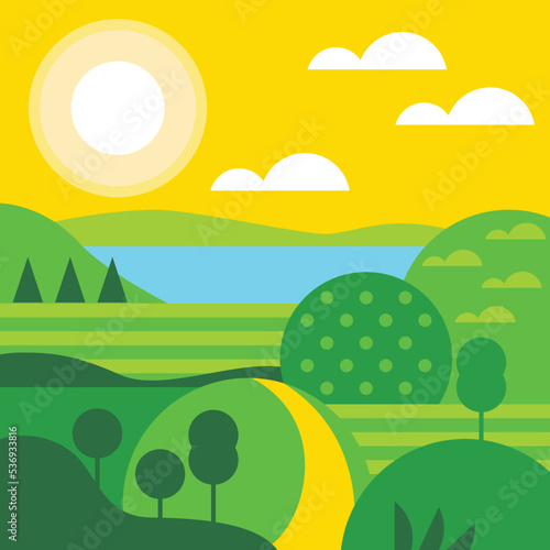 Landscape vector illustration. Hilly country. Sun. Nature green field background