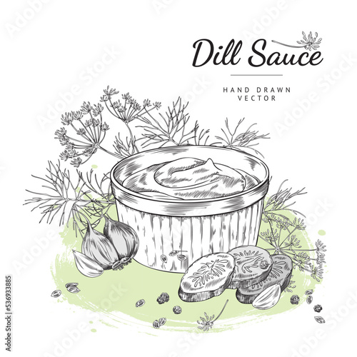 Dill food sauce badge or banner template hand drawn sketch vector illustration.