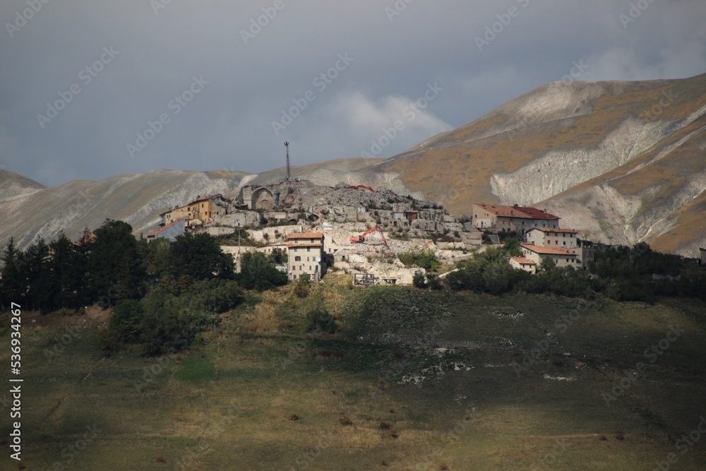 Italy, Umbria: View of the small village of Castelluccio destroyed by the 2016 earthquake.