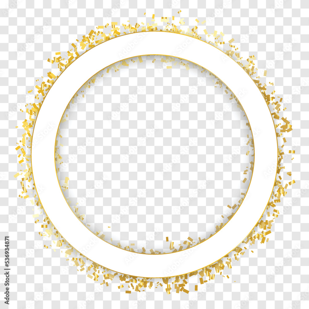 Golden Tiny Confetti And Ribbon Falling On Transparent Background. Circle Frame. Celebration Decoration. Vector Golden Tiny Confetti And Ribbon Falling On Transparent Background. Circle Frame. Celebration Decoration. Vector