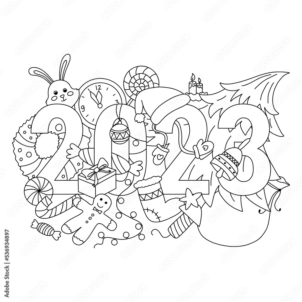 2023 New Year hand drawn doodles as Christmas tree, gift, wreath, rabbit, garland, clock, firecracker, candles, mittens, bell, gingerbread man. Vector children coloring page