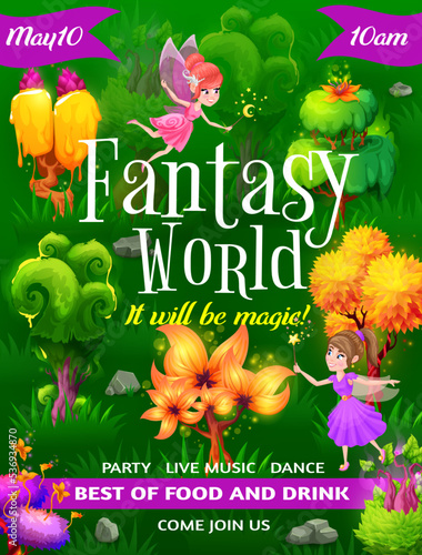 Fantasy world party flyer, fairy characters and fantastic trees. Cartoon vector cards with magic pixie personages, mushrooms in fairytale forest. Invitation poster with strange plants and funny elves