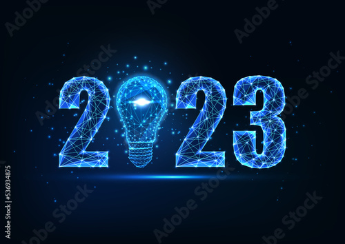 Happy 2023 New Year digital web banner template with futuristic polygonal 2023 number and light bulb