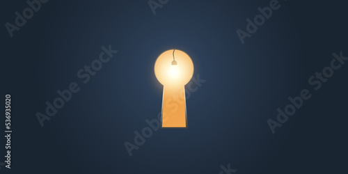 Hope, Curiosity or New Solution, Idea Concept - Key Hole on Dark Blue Wall with Glowing Light of a Bulb Coming Through from the Other Side - Template for Business, Vector Design in Editable Format