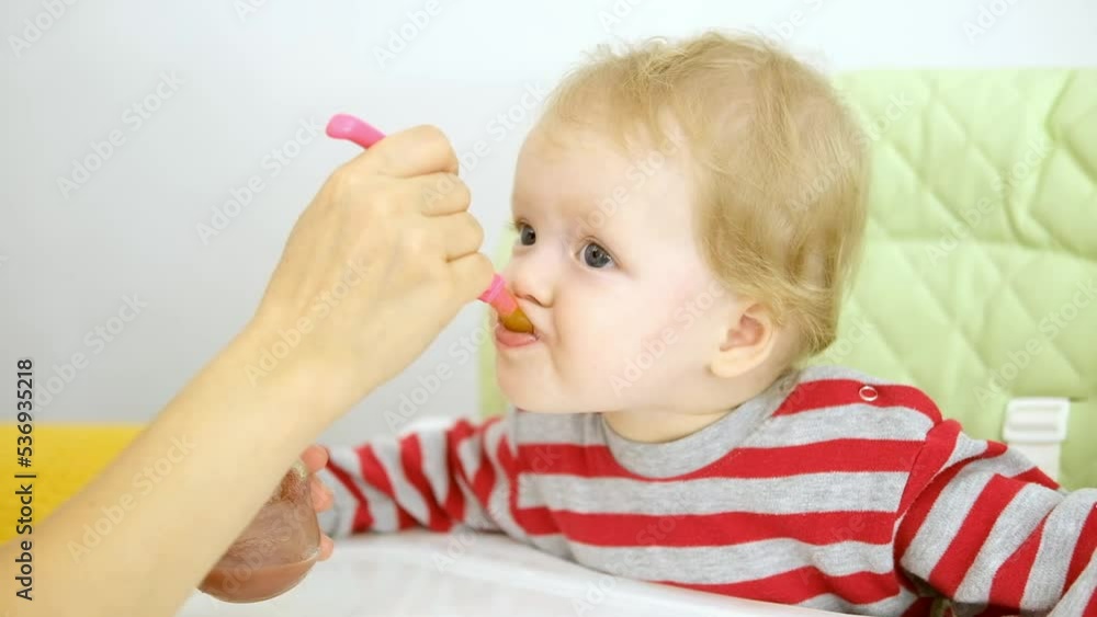 funny baby girl eats bland mashed food sitting, on high chair, mother feeds child, hand with spoon for vegetable lunch, baby weaning, first solid food for young kid. funny baby girl eats bland mashed food sitting, on high chair, mother feeds child, hand with spoon for vegetable lunch, baby weaning, first solid food for young kid.