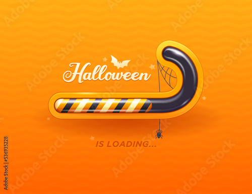 Halloween loading banner or background. Cartoon candy cane, dessert treat loading progress bar of indicator, bat silhouette, funny spider hanging on web. Halloween holiday waiting vector wallpaper