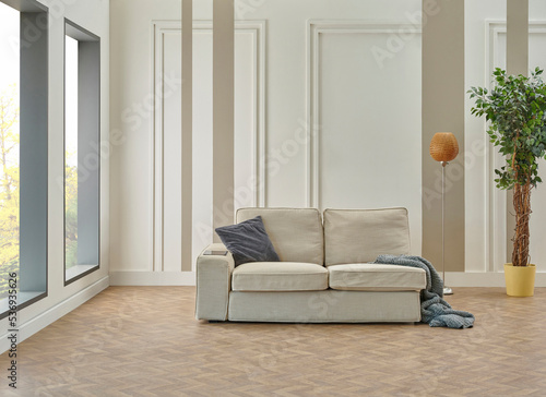 Decorative white and brown vertical wall background, home design, sofa working table, red chair, vase of plant, book accessory, lamp, middle table on the modern wood parquet.