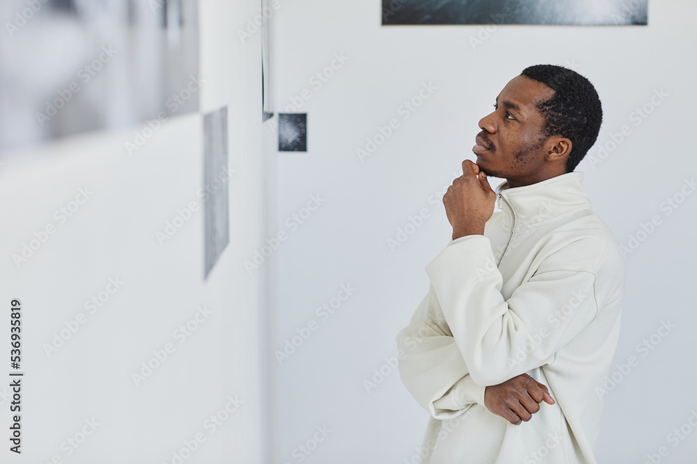 Fototapeta premium Side view portrait of handsome black man looking at images in photo gallery and enjoying art, copy space