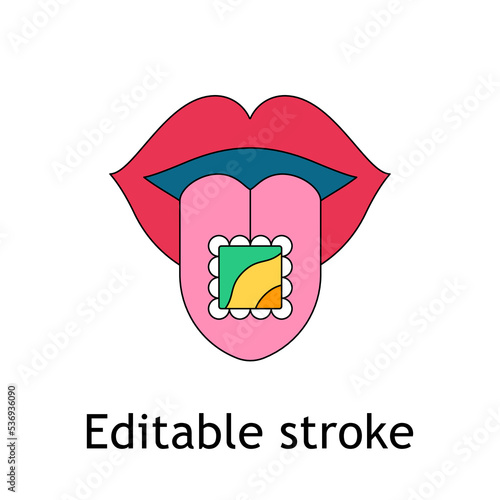 Lsd psychedelic sticker, tongue and blotter. Funky retro 70s groovy stickers. Hippie isolated vector