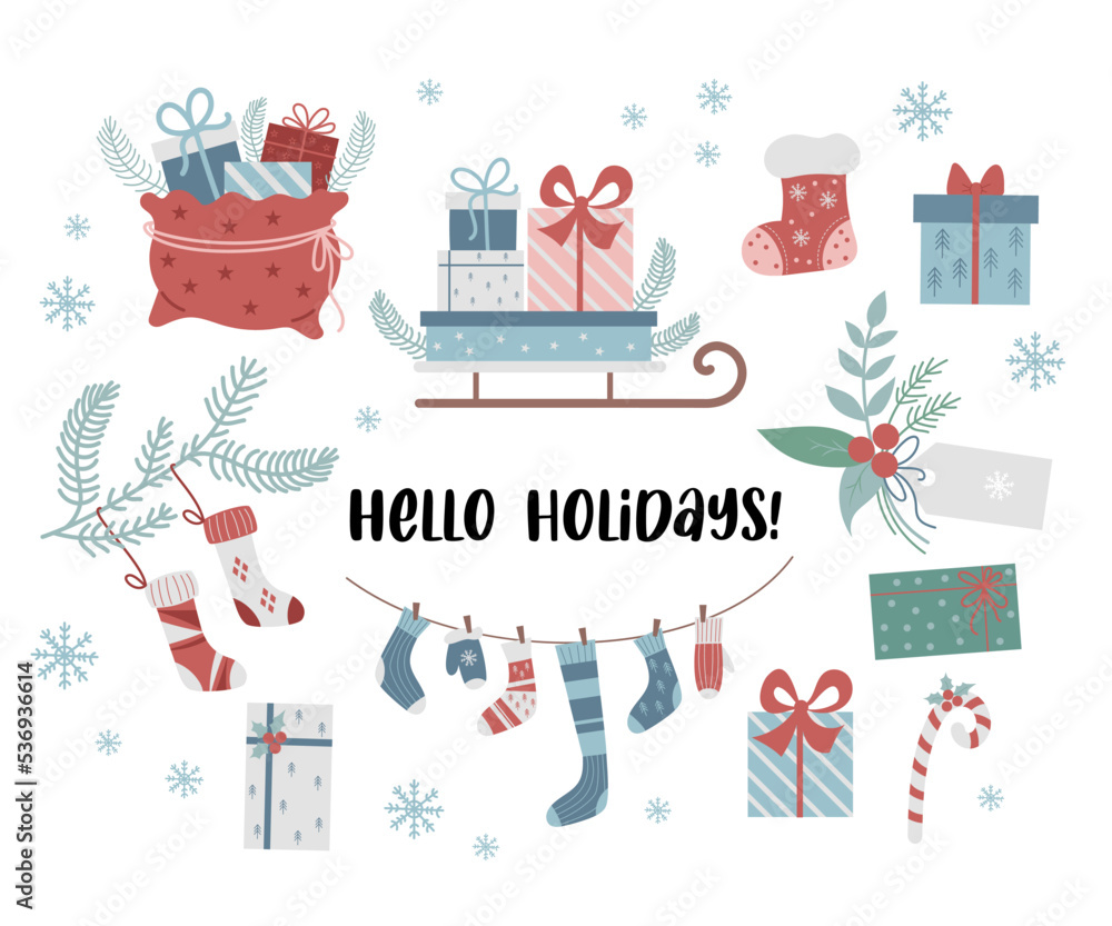 hello holiday. Set new year gifts, Christmas sock and sleigh with boxes, Santas bag, gift tag with spruce branch, caramel and knitted stockings with gloves. Vector illustration. Isolated elements.