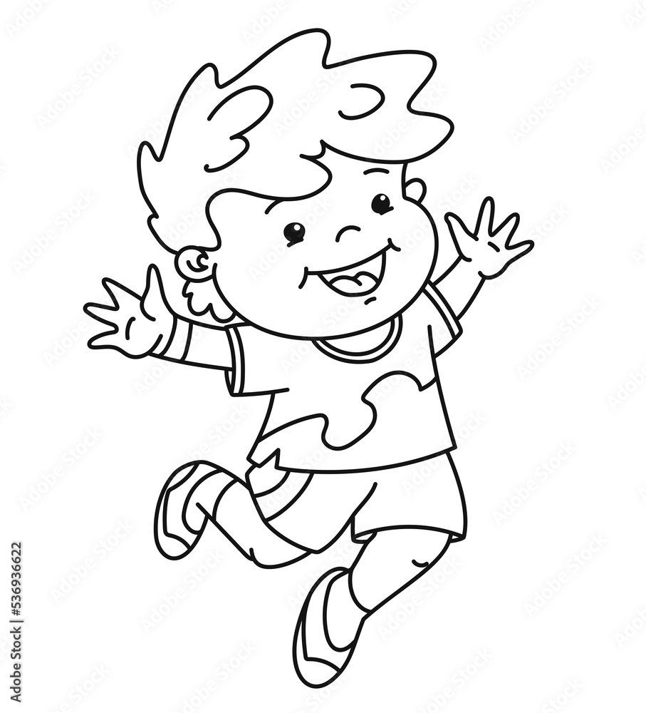 Cheerful jumping Boy. Hand drawn cartoon illustration, vector outline coloring page Cheerful jumping Boy. Hand drawn cartoon illustration, vector outline coloring page