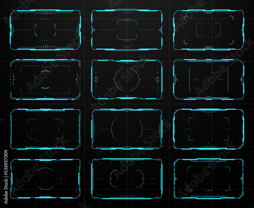Hud aim control target frames. UI interface, electronic military viewfinder, game UI gun crosshair displays, control panel vector digital frames. Futuristic airplane pilot dashboard screens