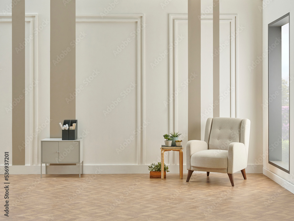 Fototapeta premium Decorative white and brown vertical wall background, home design, sofa working table, red chair, vase of plant, book accessory, lamp, middle table on the modern wood parquet.