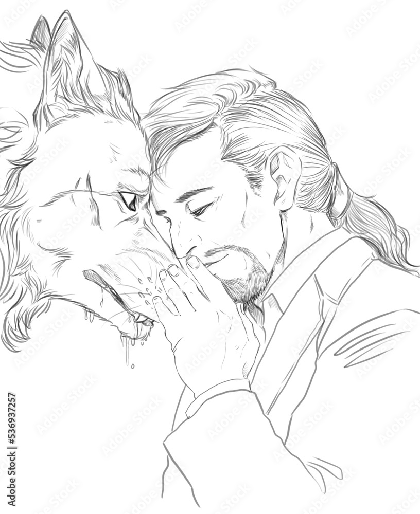 Black and white digital illustration of a man with long tied hair touching gently the muzzle of a werewolf Black and white digital illustration of a man with long tied hair touching gently the muzzle of a werewolf