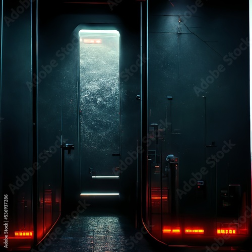 Metallic Sci-fi cryo chamber door interior design illustration photo