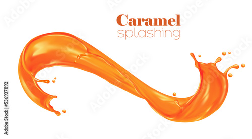 Caramel sauce, syrup swirl wave splash, candy cream or sweet toffee flow, realistic vector. Caramel or melt sugar splash with spill drops, liquid dessert or orange juice and honey flowing pour