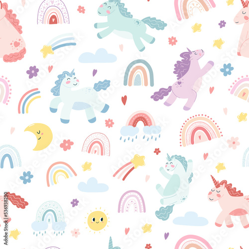 Seamless pattern with unicorns and rainbows on white background. Vector hand drawn texture for wrapping paper, fabric print, kids textile, cover, card design