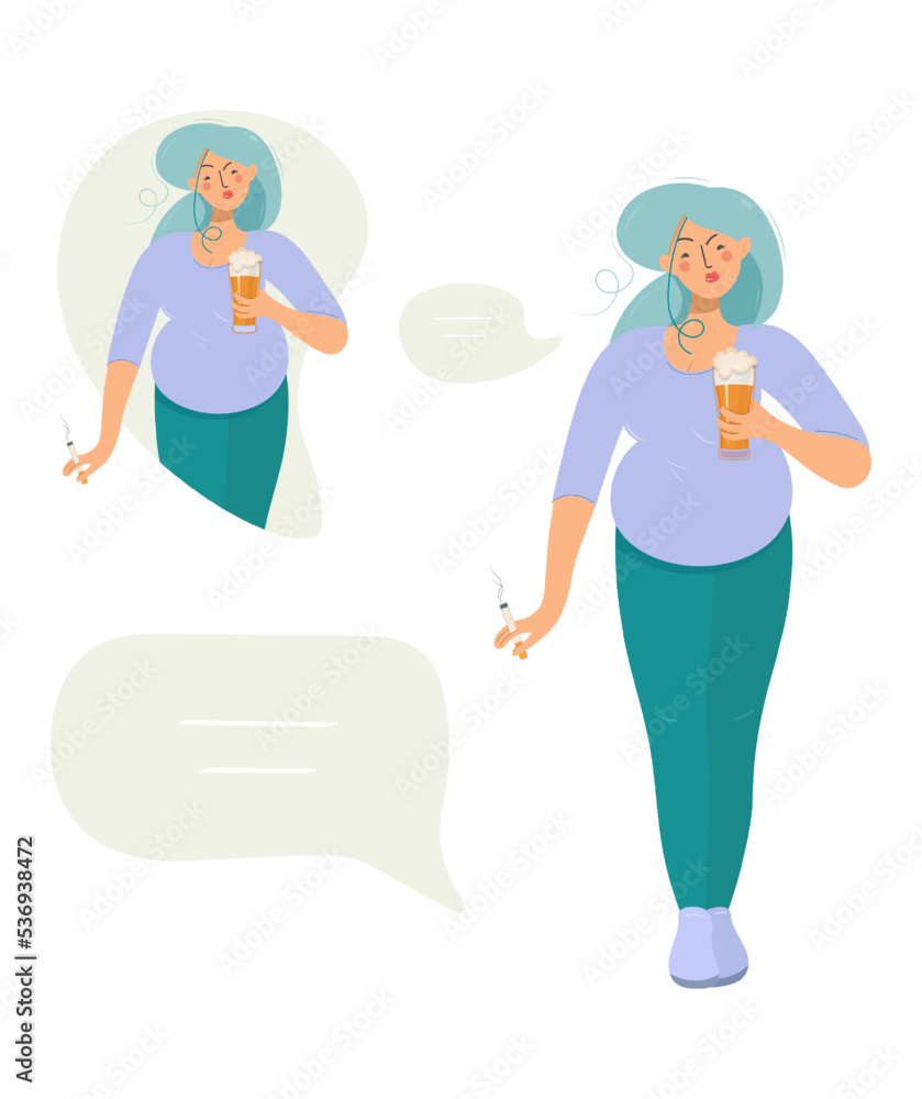 Irresponsible promiscuous future mother smokes and drinks beer. Unhealthy lifestyle of a pregnant woman with place for text. Harm of smoking and drinking alcohol during pregnancy concept vector design