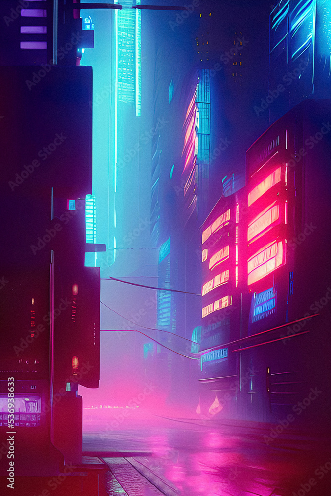 Cyberpunk city in the rain. Future neon Asian style