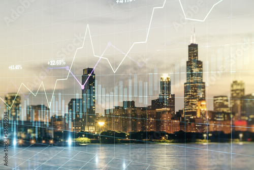 Multi exposure of virtual creative financial chart hologram on Chicago skyscrapers background, research and analytics concept