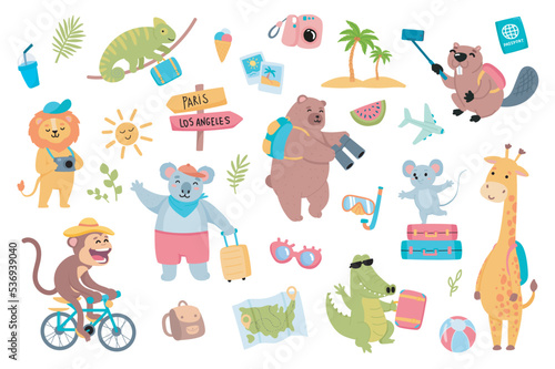 Traveling animals set with cute cartoon elements in flat design. Bundle of funny animals with backpack or luggage, photo camera, island palms, passport and other isolated stickers. Vector illustration
