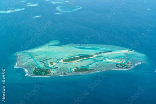 Aerial view of Dhigu, Bushi and Moyo Island, Maldives with the Anantara Maldives Resorts, Maldive Atoll - bird eyes view photo