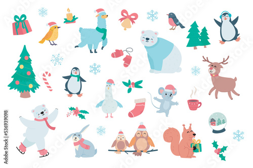Happy animals and winter holidays set with cute cartoon elements in flat design. Bundle of gifts  lama  bells  bear  Christmas tree  penguin  holly and other isolated stickers. Vector illustration.