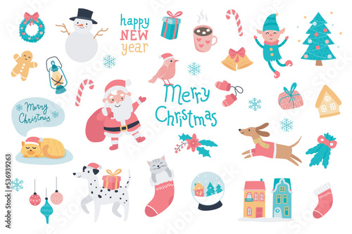 Merry Christmas set with cartoon elements in flat design. Bundle of wreath, snowman, gift, bell, elf, gingerbread, lantern, Santa Claus, mittens and other decor isolated stickers. Vector illustration.