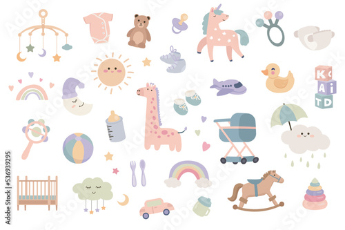 Newborn baby items set with cartoon elements in flat design. Bundle of kid toys, bodysuit, teddy bear, pacifier, unicorn, rattle, diaper, booties and other decor isolated stickers. Vector illustration