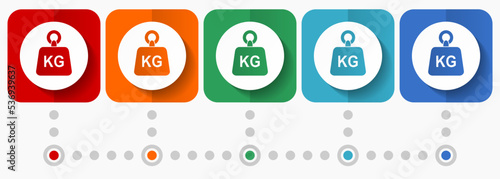 Weight, kg, kilogram vector icons, infographic template, set of flat design symbols in 5 color options