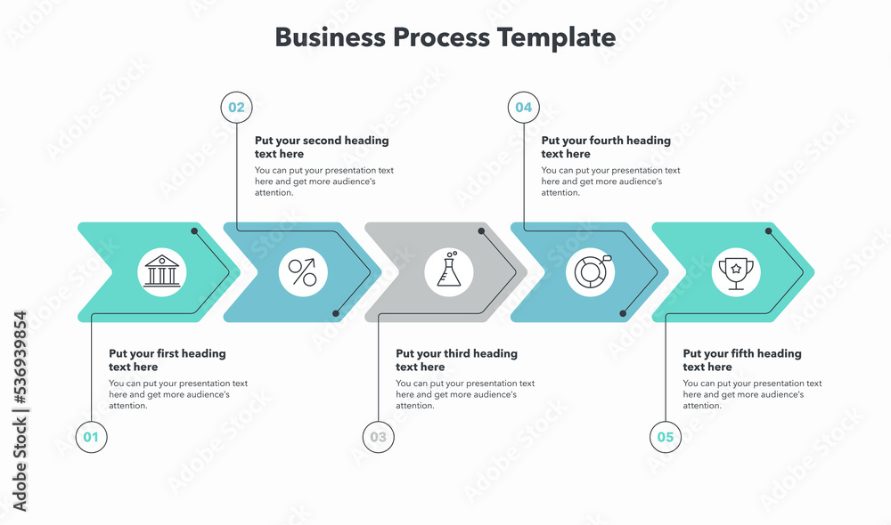 Simple business process template with five colorful stages. Slide for business presentation. - obrazy, fototapety, plakaty 