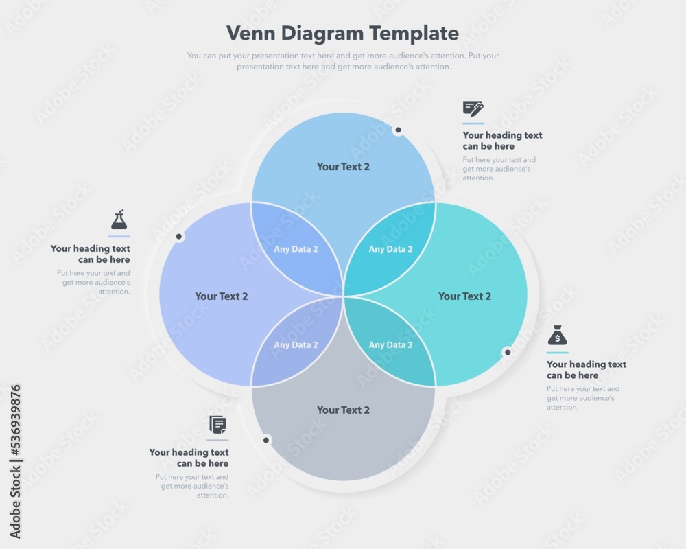 Venn diagram template with four ways and place for your content. Flat infographic design. Venn diagram template with four ways and place for your content. Flat infographic design.