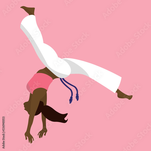 Afro latin woman performing capoeira. Girl doing acrobatic movement. Capoeira backflip, jump. Colorful pink vector illustration for person who doing sport training.