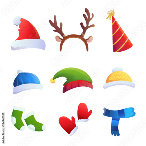 set of accessories from hats, socks and mittens for christmas and new year. vector illustration