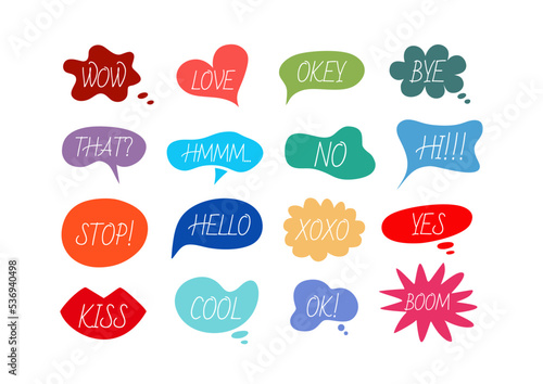 Bubble phrases for hand drawing big set. Clouds of online chat with various words comments information forms vector isolated on white background. Colorful shapes.