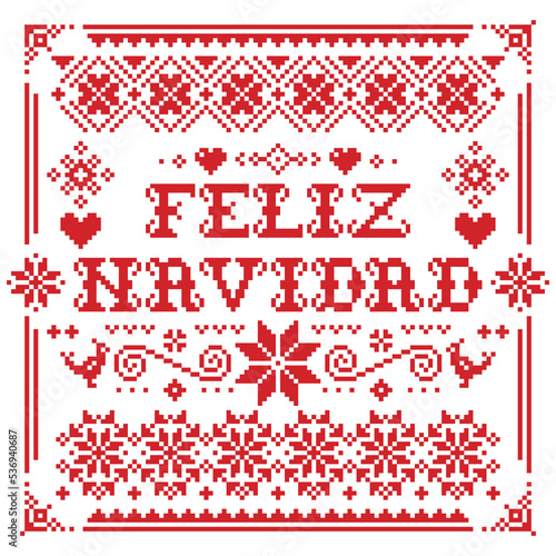 Feliz Navidad vector greeting square card pattern in red on white background - Scandinavian Christmas knnitting, cross-stitch design

