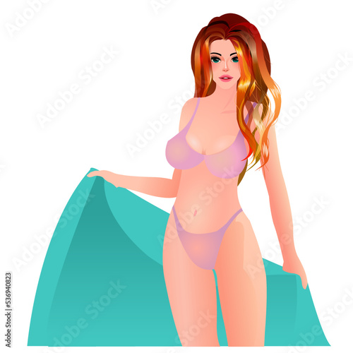 sexy curvy woman in purple bikini and big towel