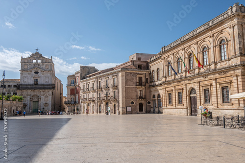 Historic buildings with beautiful facades in Piazza Duomo in Ortigia