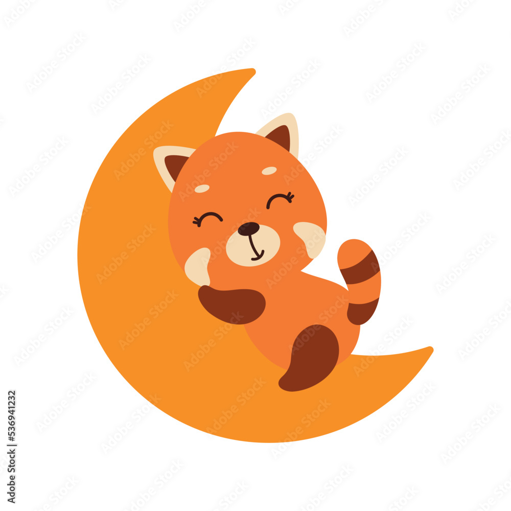 Cute little red panda sleeping on moon. Cartoon animal character for kids t-shirt, nursery decoration, baby shower, greeting cards, invitations, house interior. Vector stock illustration Cute little red panda sleeping on moon. Cartoon animal character for kids t-shirt, nursery decoration, baby shower, greeting cards, invitations, house interior. Vector stock illustration