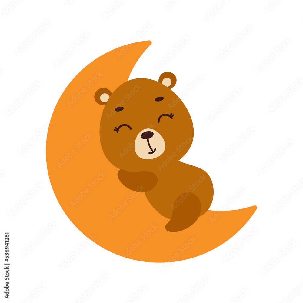 Cute little bear sleeping on moon. Cartoon animal character for kids t-shirt, nursery decoration, baby shower, greeting cards, invitations, house interior. Vector stock illustration Cute little bear sleeping on moon. Cartoon animal character for kids t-shirt, nursery decoration, baby shower, greeting cards, invitations, house interior. Vector stock illustration