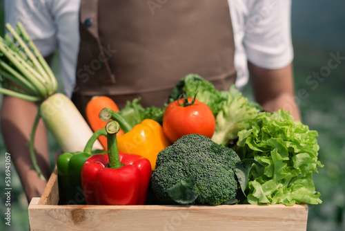 Crate filled with a large selection of healthy fresh organic fruits and vegetables shot on dark wooden table.