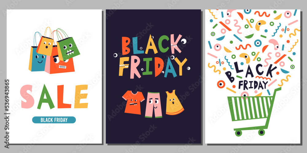 Set of flyers for kids Black Friday, Sale, Discount. Characters monsters, Hand drawn sign, lettering, percents. Children Shopping. A4 Vector illustration for poster, banner, cover, flyer, advertising.