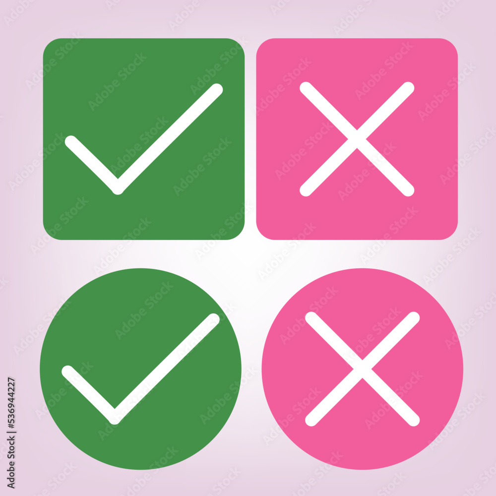 Realistic right and wrong Button. A set of glossy round icons with a check mark, a sign of the cross. minimalist style. Symbols of acceptance, rejection and attention. Vector illustration Realistic right and wrong Button. A set of glossy round icons with a check mark, a sign of the cross. minimalist style. Symbols of acceptance, rejection and attention. Vector illustration