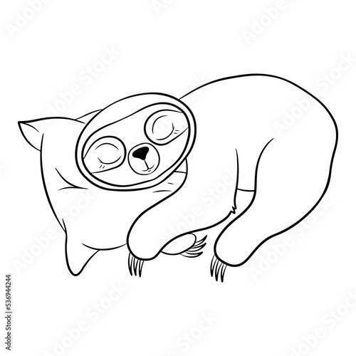 Cute cartoon sloth sleeping on the pillow. Vector illustration, isolated on a white background. Concept for children print. Coloring book page.
