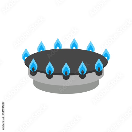Gas burner with fire, blue flame propane on stove. Hob on gas stove. Home cooking plate in kitchen. Vector flat illustration