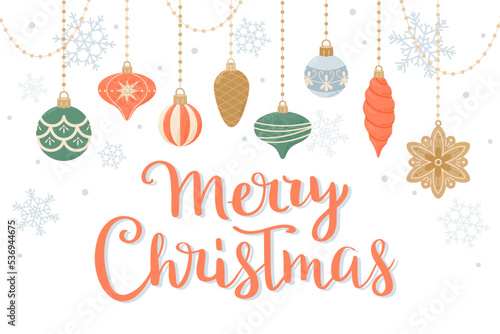 Merry Christmas, greeting card with cute hanging decorations and hand drawn lettering. Vector illustration in flat cartoon style